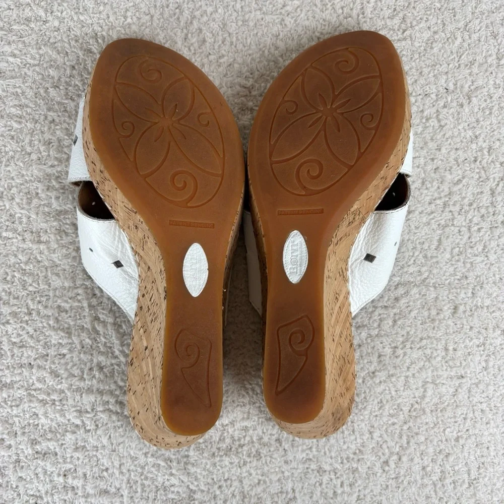 Born Sandals Womens 10 White Cork Canova Wedge Slip On‎ Peep Toe Leather Comfort